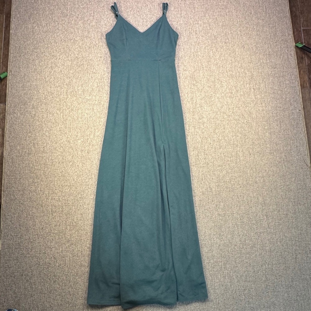 Birdy Grey Teal Green Bridesmaid Maxi Dress Womens Small‎ V Neck Zip Back NWOT